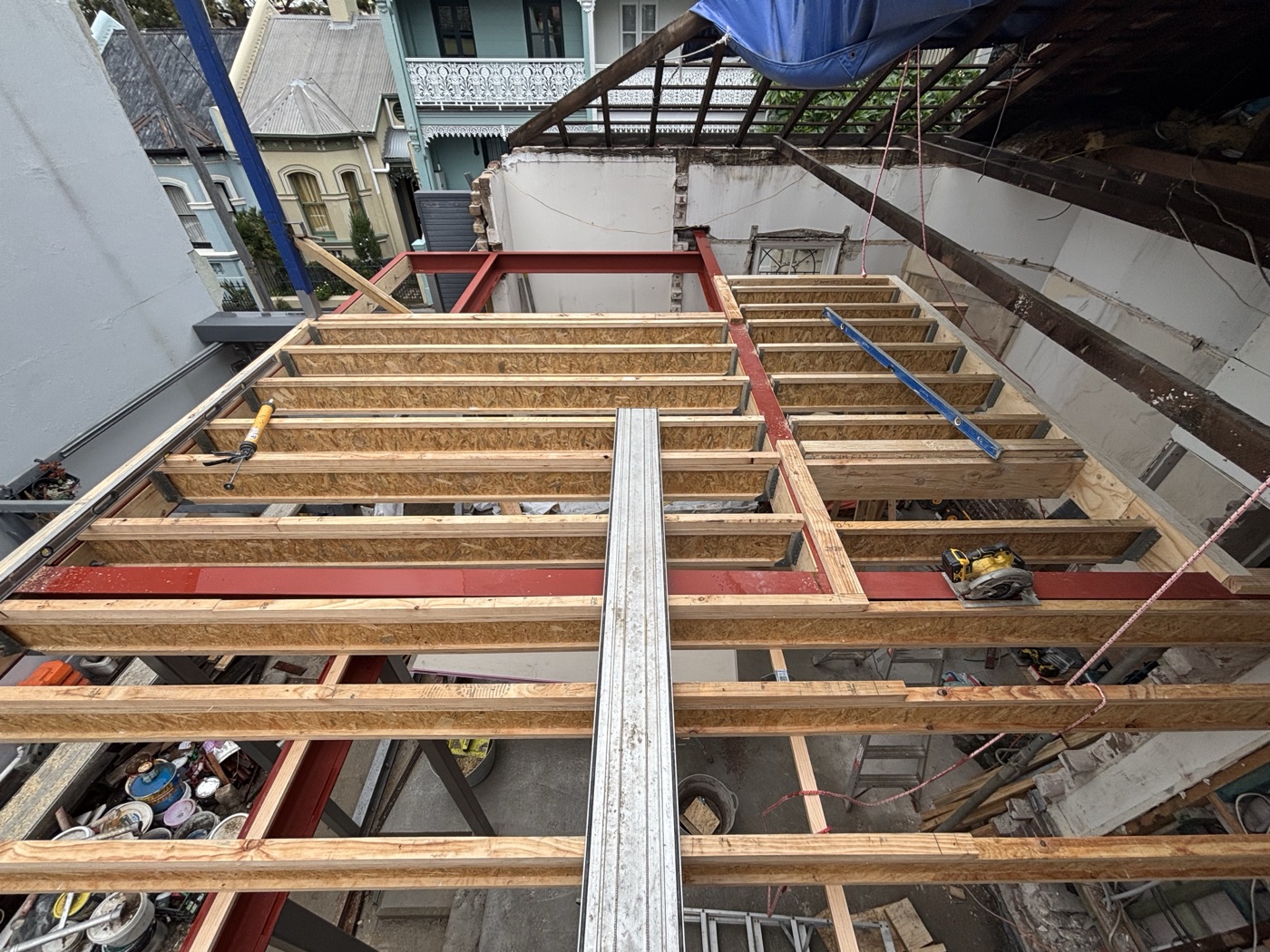 Aerial view of floor framing over a terrace house extension