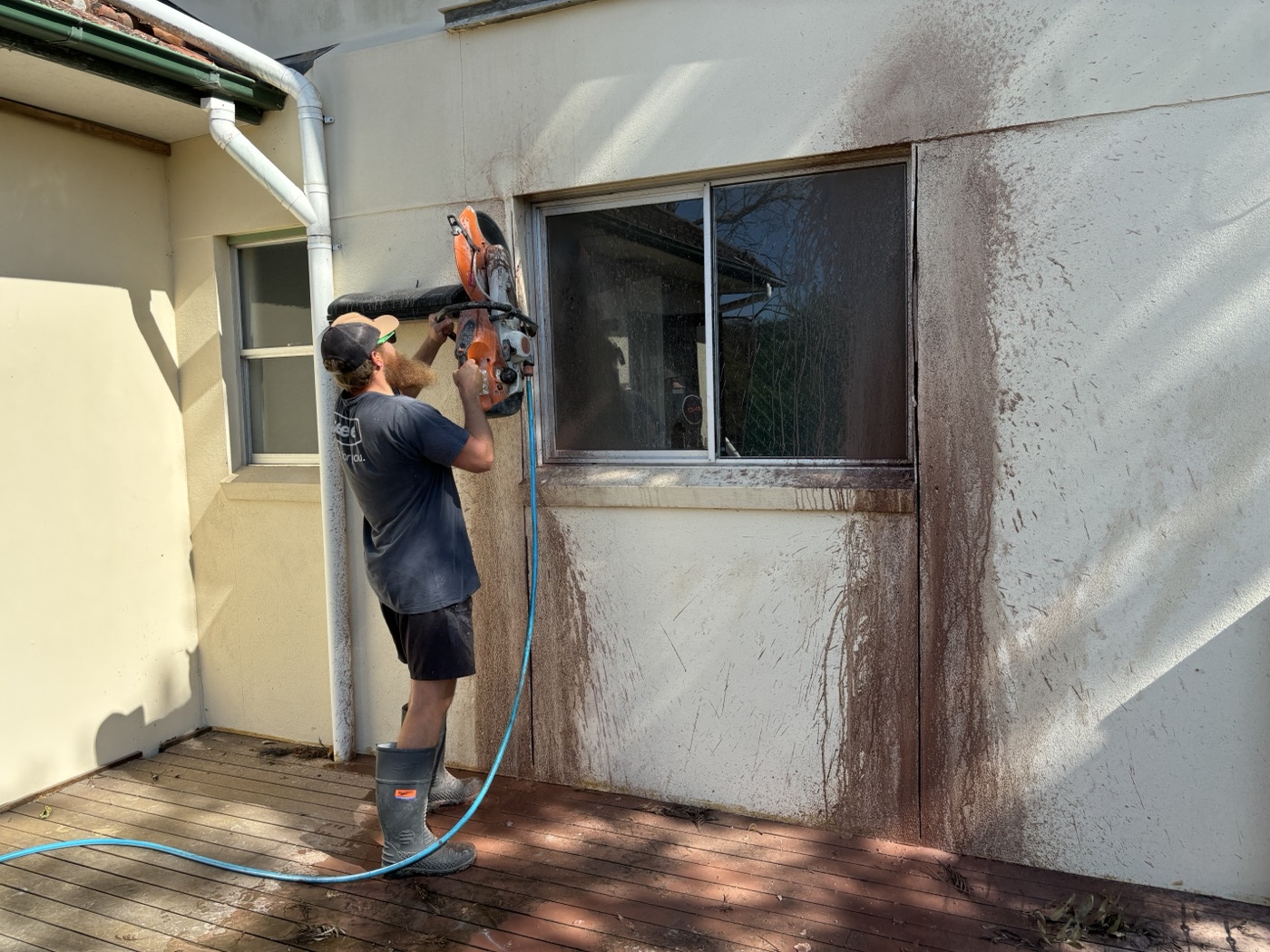 Cutting rendered exterior wall on site