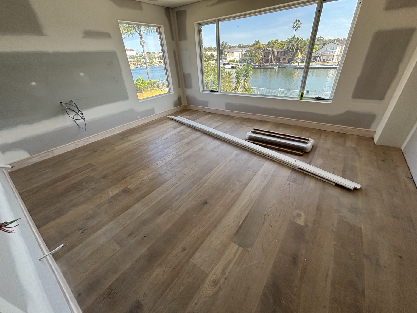 Renovated apartment interior with waterfront view